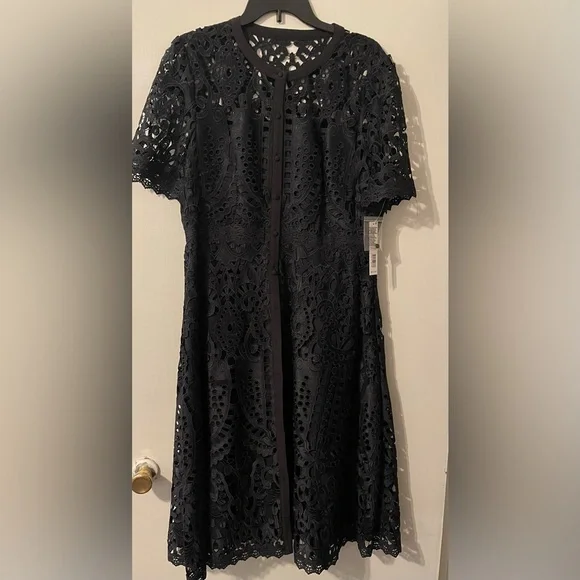Antonio Melani ADA Eyelet Lace Button Front A-Line Midi Dress, Womens, 14, Black - Dillard's exclusive
